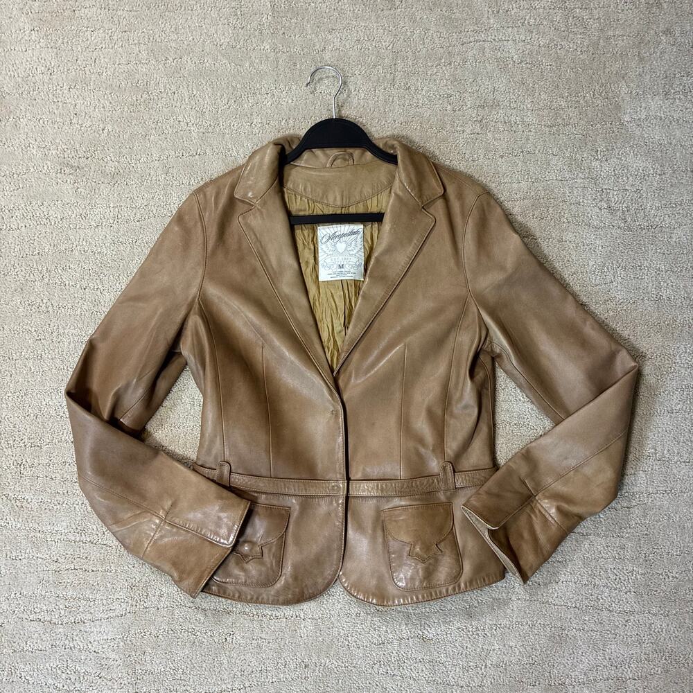 Vintage Y2K Aeropostale Women M Soft Light Brown Leather Blazer Jacket Indie